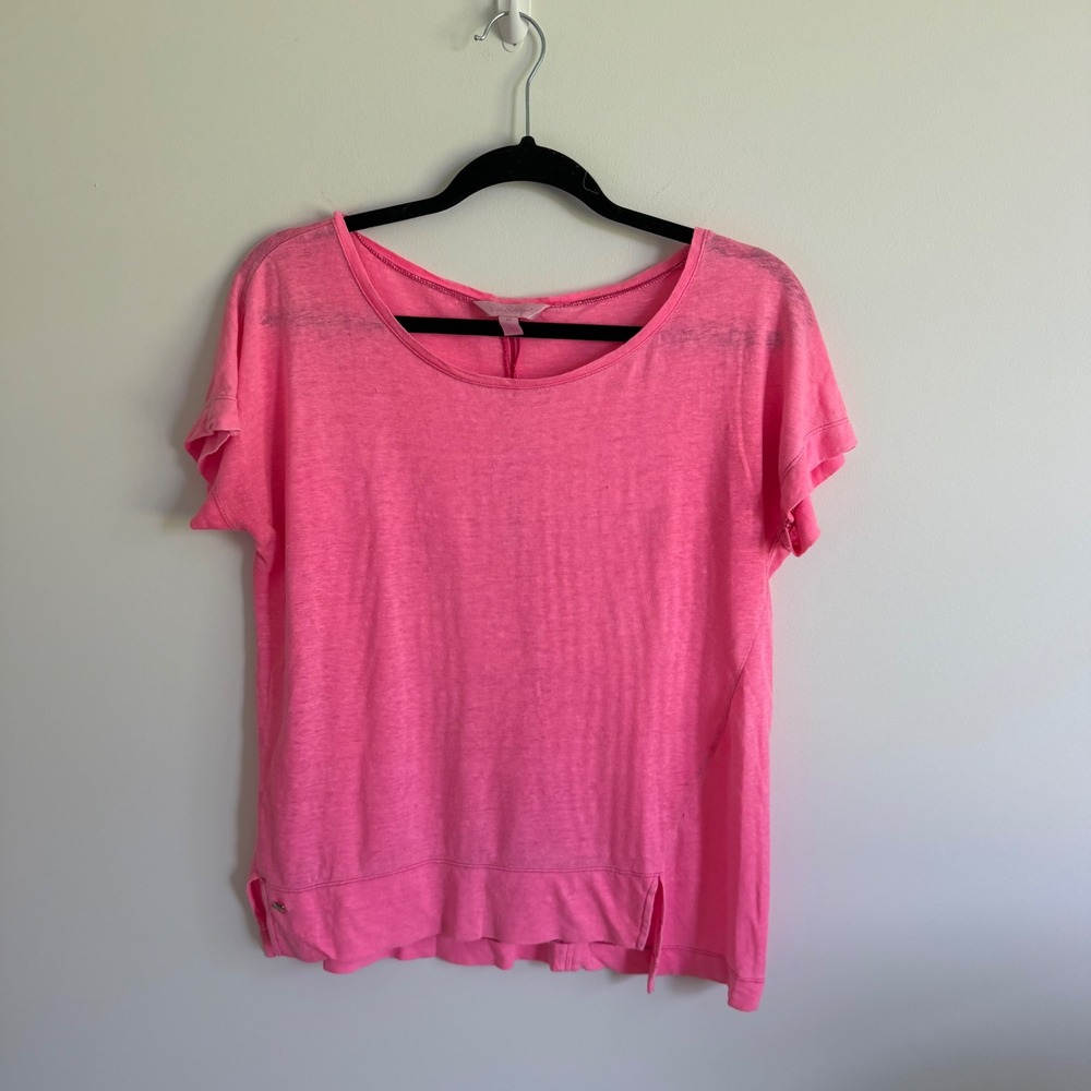 Lilly Pulitzer Pink Linen Short Sleeve Top Neon Scoop Neck Tee XS RN 88189